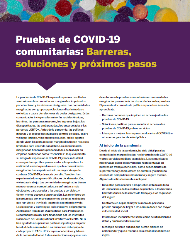 Thumbnail photo of "Pruebas de COVID-19 comunitarias: Barreras, soluciones, proximos pasos" cover page in Spanish..