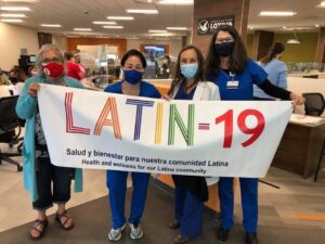 Rosa Gonzalez-Guarda at vaccination clinics with community healthcare workers and other members of the research committee of LATIN-19 (Latinx Interdisciplinary Network for COVID-19)