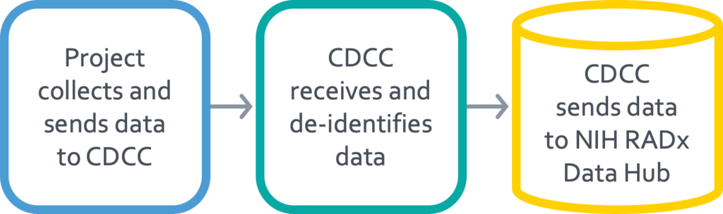 This Data Core Flow graphic explains how a project team collects and sends data to CDCC. The CDCC intakes and de-identifies data, then the CDCC sends data to NIH RADx Data Hub.